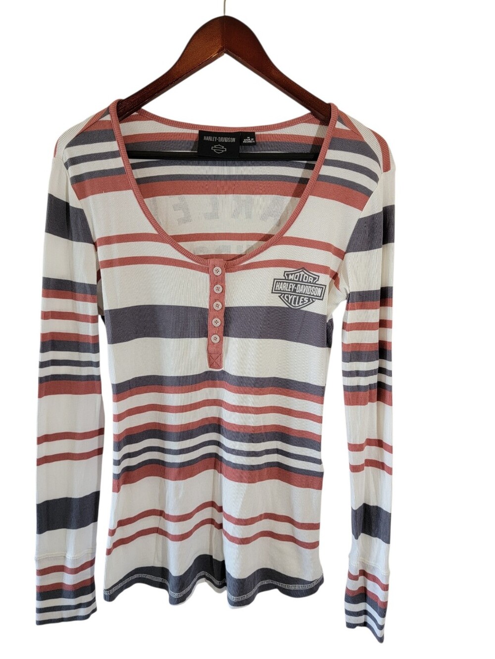 Harley-Davidson Womens Striped Henley Shirt Sz M Long Sleeve Logo Biker Moto Y2K - Picture 2 of 12